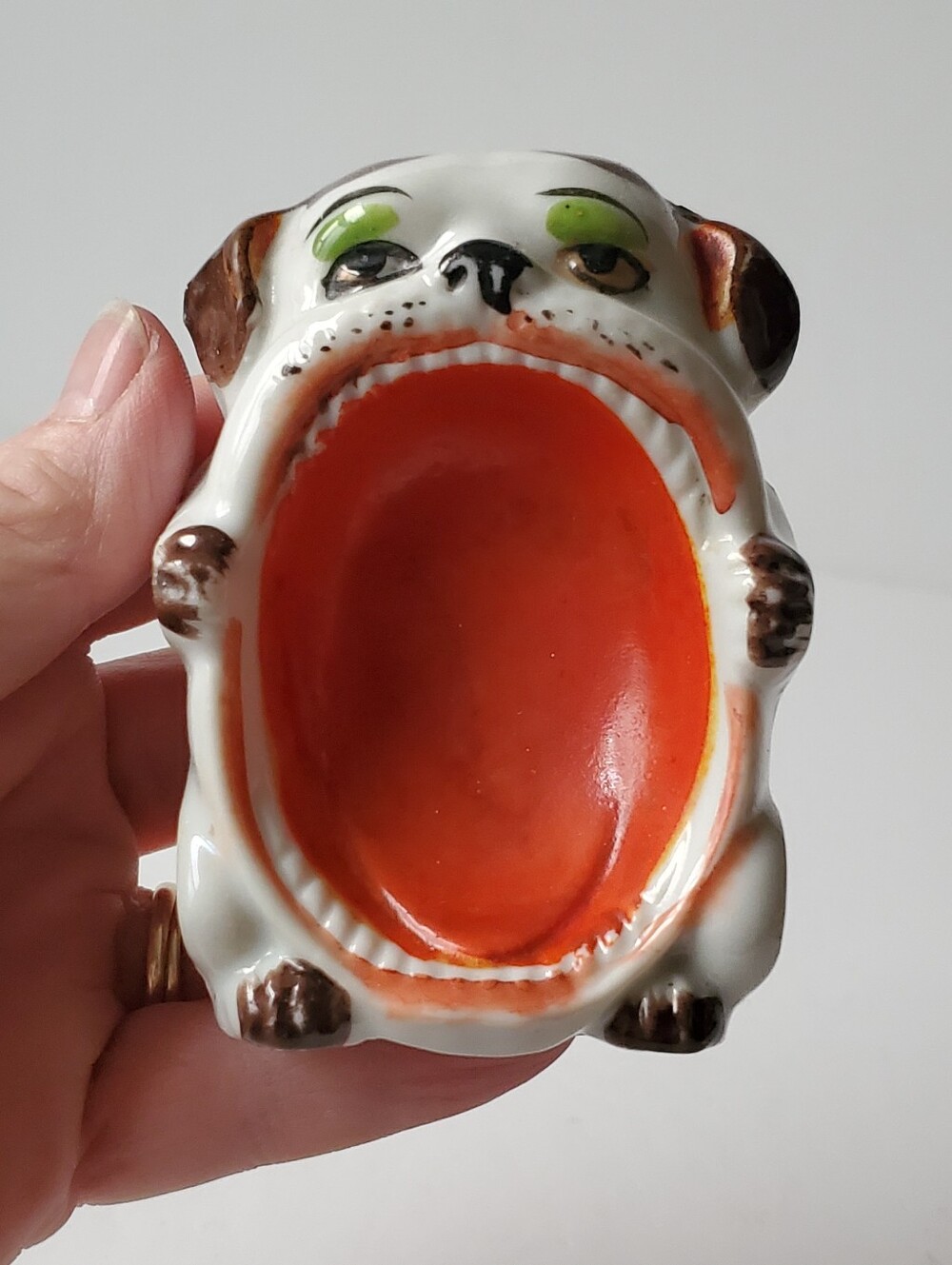 Vintage Japan Ceramic French Bulldog Big Mouth Trinket Catchall Dish Kitsch MCM